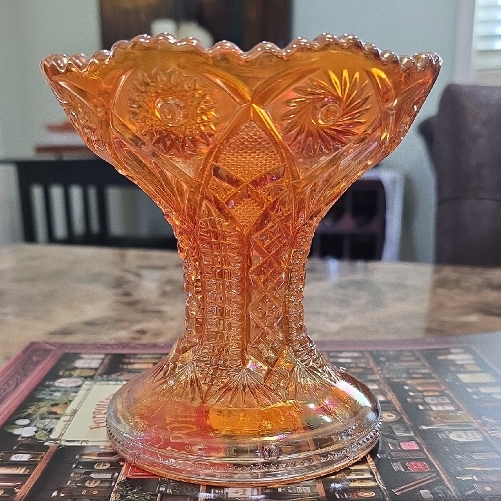 Vintage Carnival glass Imperial Hobstar Marigold Punch Bowl Vase.